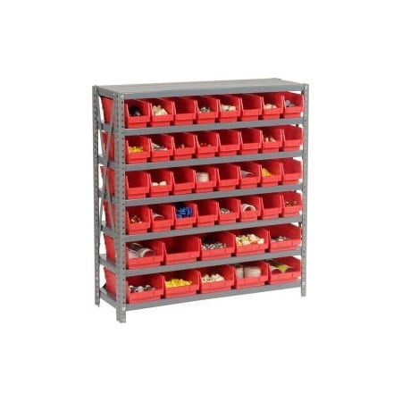 Steel Shelving With Total 42 4H Plastic Shelf Bins Red, 36x18x39-7 Shelves